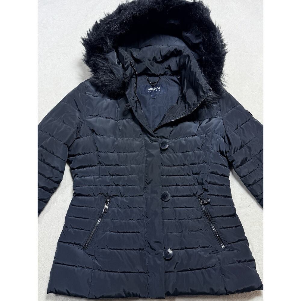 Armani Jeans Puffer Coat Sz 6 EU 42 Black Hooded Faux Fur Winter New Luxury